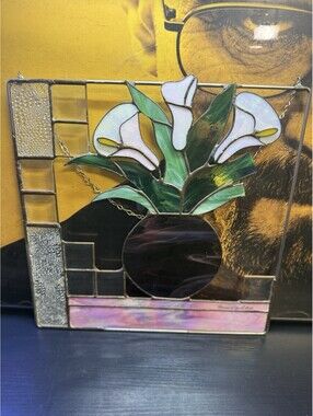 VTG  Connie J. Fack/Falk 1996 Stained Glass Calla Lily Panel 16” Damaged